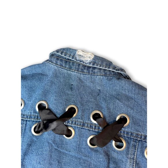 Crave Fame Denim Crop Jacket Distressed Hem Lace-Up Back Size Small - Picture 14 of 14